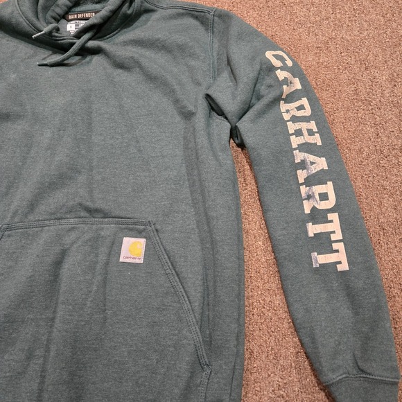 Carhartt Hoodie Mens Size Small Green Rain Defender Graphic Sleeve Back Logo - Picture 3 of 7